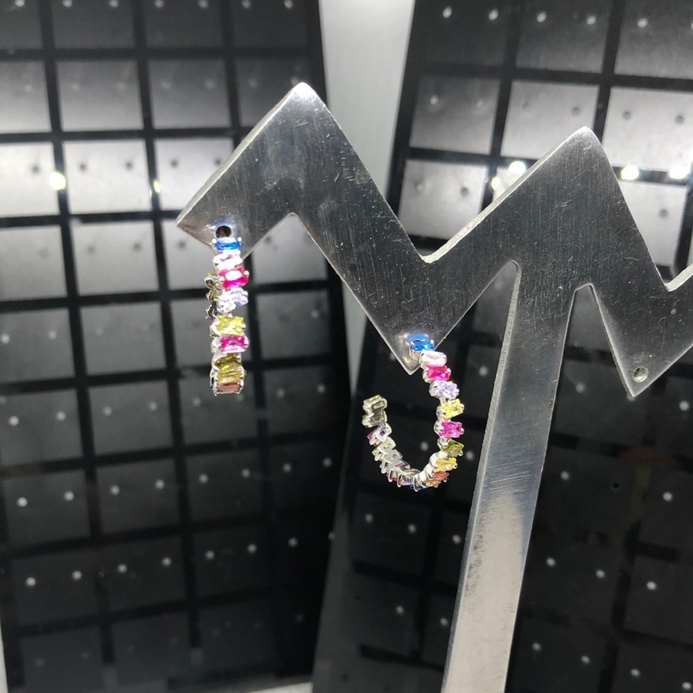 Sterling silver 925 rainbow colorful cz or crystal half hoop earrings.